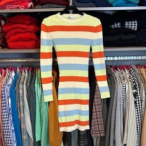 Zara multicolored striped long sleeve crew neck body con sweater dress size S